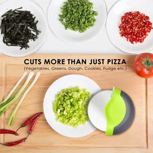Stainless steel pizza wheel cutter with ergonomic green grey handle for slicing dough pastry.