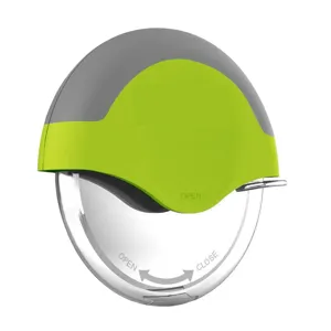 Ergonomic stainless steel pizza wheel cutter detail view, showing sharp circular blade and safety.