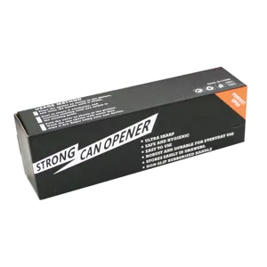 Caja de embalaje del abrelatas manual de acero inoxidable con instrucciones de uso.