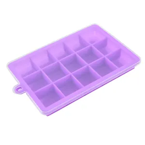 Detailed view of purple silicone ice cube mold with clear lid, featuring flexible multi-grid design.