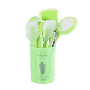 Green silicone kitchen utensils set with storage bucket heat resistant cooking tools