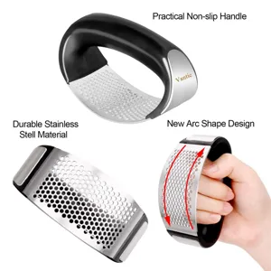 Stainless steel garlic press rocker with ergonomic non-slip handle for kitchen cooking.