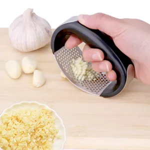 Stainless steel garlic press detail showing curved design for easy fresh garlic pressing.