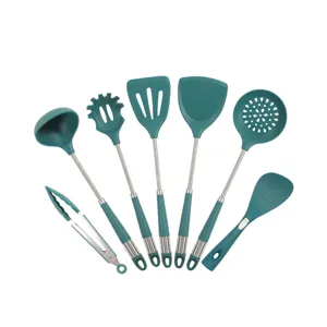 Silicone kitchen utensil set 7 pieces cooking spatula ladle kitchen tools teal green