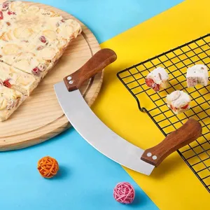 Stainless steel rocking knife with wood handle for cutting nougat, pizza and pastry.