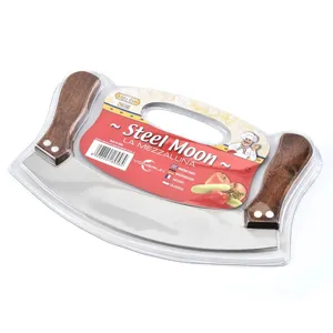 Stainless steel mezzaluna knife with wooden handles and blister packaging for kitchen use.