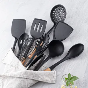 Silicone kitchen utensils set with wooden handles, heat resistant cooking tools 11pcs.