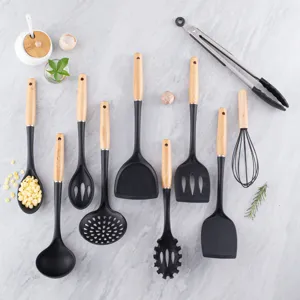 Silicone kitchen utensils set with wooden handles 11 pieces non-stick cookware tools