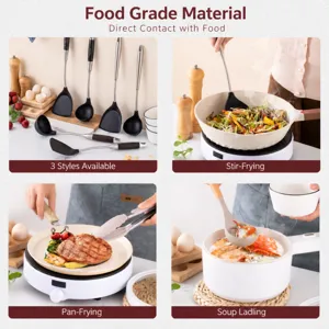 Stainless steel silicone kitchen utensil set, heat-resistant spatula and ladle for cooking.