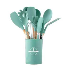 Ensemble d'ustensiles de cuisine en silicone avec manche en bois et support de rangement