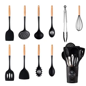 11-piece silicone kitchen utensil set with wooden handles, non-stick cooking tools and holder.