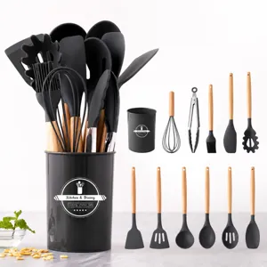 Ensemble d'Ustensiles de Cuisine en Silicone Ensemble de Cuisine avec Manche en Bois Antiadhésif Résistant à la Chaleur avec Support de Rangement