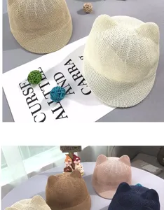 Cappello da Sole in Paglia Bambini Orecchie di Gatto Carine Traspirante Protezione Solare