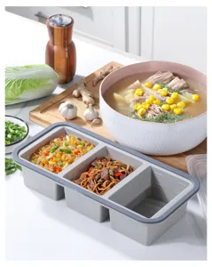 Detailed view of the multi-compartment silicone food storage container with measurement marks.