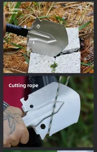 Detailed view of the multi-functional tactical shovel showing stone splitting and rope cutting.