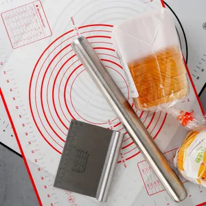 Large 60x40cm non-stick silicone kneading baking mat with measurement scale and rolling pin set.