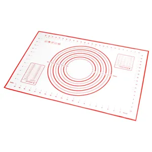 Large silicone baking mat with measurement scales and conversion charts for easy dough kneading.