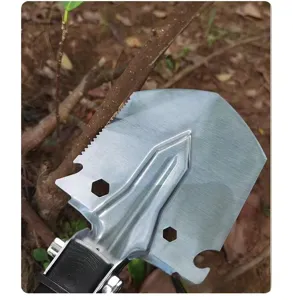Portable multi-functional outdoor tactical shovel with serrated edge and wrench holes.