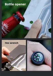 Multi-functional tactical folding camping shovel with bottle opener, hex wrench and compass.