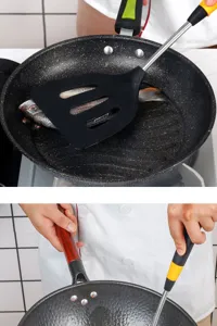 Silicone spatula kitchen cooking set with non-stick frying pan, durable and heat-resistant.