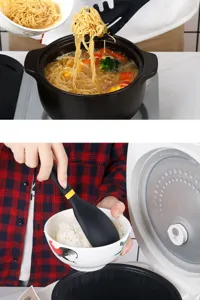 Detailed view of silicone kitchen utensil in use, showing heat-resistant cooking spoon detail.