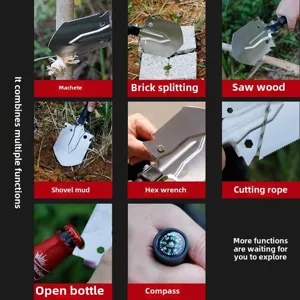 Multi-functional folding camping shovel portable outdoor survival tool with saw and compass.