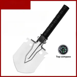 Portable folding military shovel with compass for outdoor camping and gardening tool.