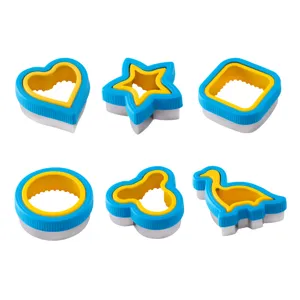 Stainless steel cookie cutter set of 6 pieces with blue handles for baking tools.