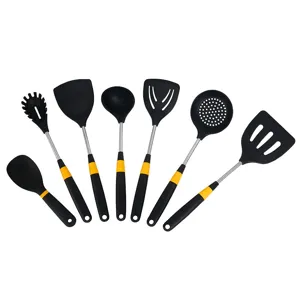 7-piece silicone kitchen utensil set with heat resistant spatula and soup ladle for cooking.