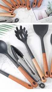 Wooden handle silicone kitchen utensils set with heat-resistant spatula and soup spoon detail.