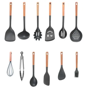 Wooden handle silicone kitchen utensil set, non-stick cookware spatula and soup spoon tools.