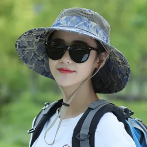 Women Outdoor Sun Protection Bucket Hat Wide Brim Breathable Mesh Camouflage Summer Hiking Fishing Cap Adjustable