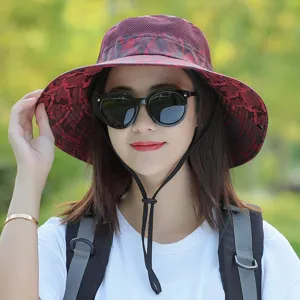 Women Outdoor Sun Protection Bucket Hat Red Camouflage Breathable Mesh Hiking Fishing Cap