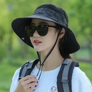 Women's summer outdoor sun protection bucket hat with breathable mesh and windproof strap