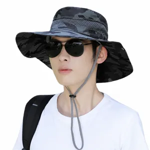 Camouflage bucket hat for men, outdoor sun protection fishing cap with wide brim and mesh.