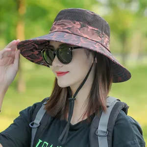 Women's Camouflage Sun Hat Outdoor Breathable Mesh Fisherman Hat Wide Brim Hiking Cap