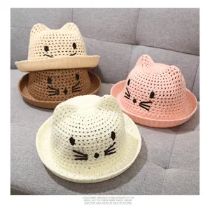 Cute cat ear straw hat for babies and toddlers, breathable summer sun protection sun hat.