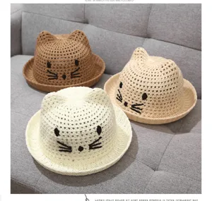 Toddler straw sun hat cute cat ear summer beach cap for baby boys and girls breathable