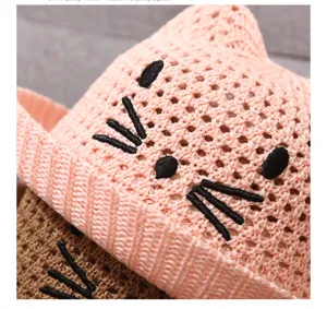 Cute baby knitted sun hat with cat ears and embroidery, breathable summer hat for toddlers.