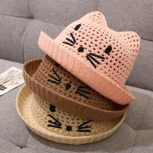 Cute baby sun hat summer straw cap with cat ears infant toddler beach hat breathable knit hat