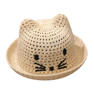 Cute baby straw hat with cat ears for summer, breathable kids sun protection beach hat.