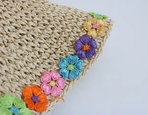Primo piano della tesa di un cappello di paglia estivo con ricami floreali colorati.