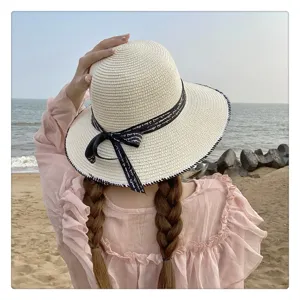 Sombrero de paja tejido verano playa vacaciones elegante lazo cinta protección solar mujer