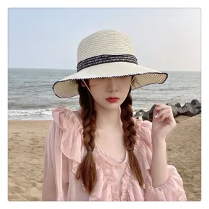 Sombrero de paja de playa de verano para mujer, elegante sombrero de sol tejido con cinta negra.