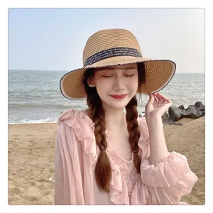 Sombrero de paja mujer verano playa sombrero plano trenzado con cinta moda protección sol