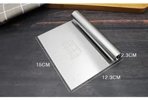 Stainless steel dough scraper with measurement scale, baker tool for cutting pastry and flour dough.