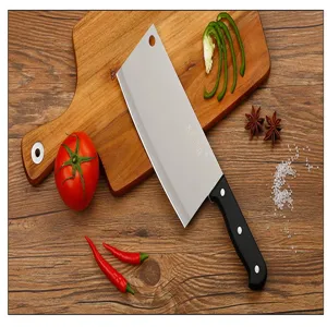 Stainless steel kitchen cleaver knife for household cooking, sharp slicing tool with handle.