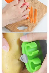 Pelador de verduras protector de dedos innovador para pelar frutas de forma segura.