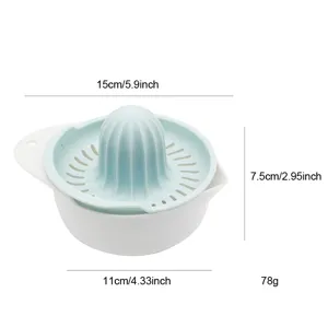 Manual plastic lemon juicer orange squeezer kitchen tool with filter and pouring spout.