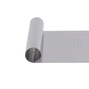 Stainless steel bench scraper with rolled handle and measurement scale for baking dough cutting.
